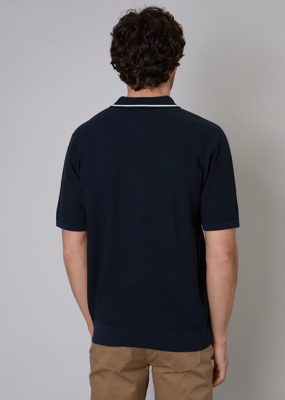 Threadbare Navy Cotton Mix Tipping Collar Short Sleeve Knitted Polo