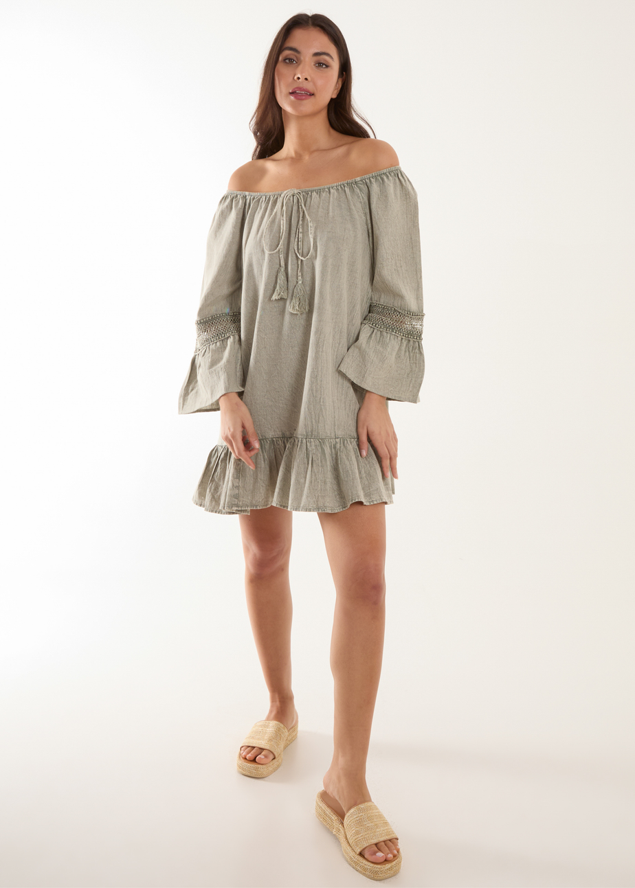 Blue Vanilla Khaki Lace Trim Tunic Dress