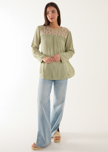 Blue Vanilla Khaki Embroidered Top