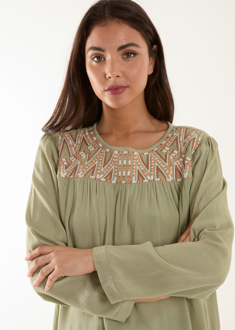 Blue Vanilla Khaki Embroidered Top