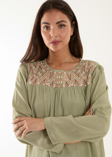 Blue Vanilla Khaki Embroidered Top