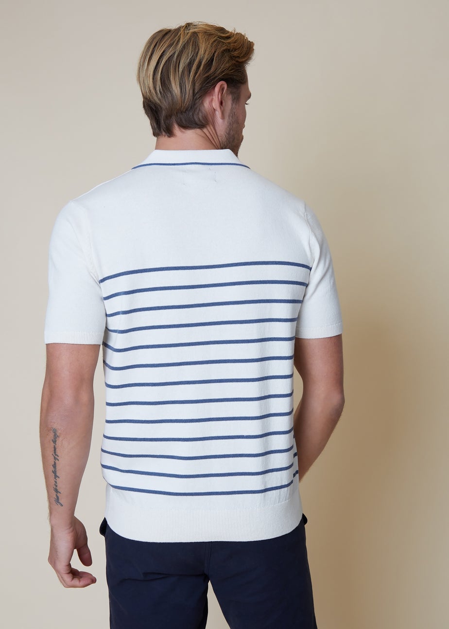 Threadbare Ecru Cotton Mix Trophy Neck Striped Short Sleeve Knitted Polo