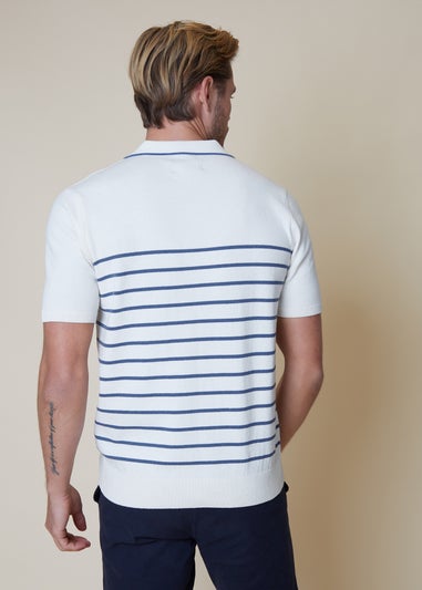 Threadbare Ecru Cotton Mix Trophy Neck Striped Short Sleeve Knitted Polo