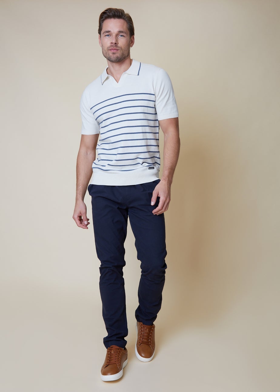 Threadbare Ecru Cotton Mix Trophy Neck Striped Short Sleeve Knitted Polo