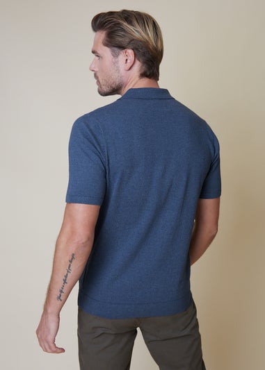 Threadbare Blue Marrick Textured Short Sleeve Knitted Polo