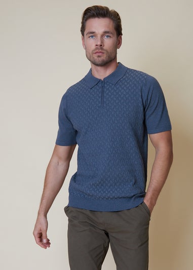 Threadbare Blue Marrick Textured Short Sleeve Knitted Polo