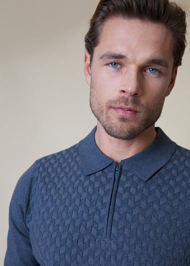 Threadbare Blue Marrick Textured Short Sleeve Knitted Polo