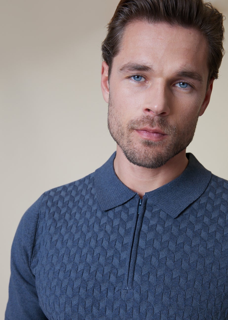 Threadbare Blue Marrick Textured Short Sleeve Knitted Polo