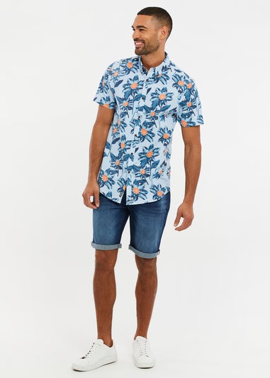Threadbare Mint Cotton Tropical Print Short Sleeve Shirt