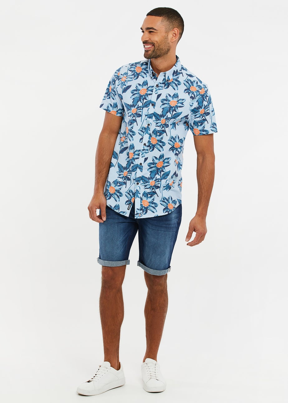Threadbare Mint Cotton Tropical Print Short Sleeve Shirt