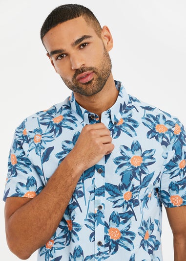 Threadbare Mint Cotton Tropical Print Short Sleeve Shirt