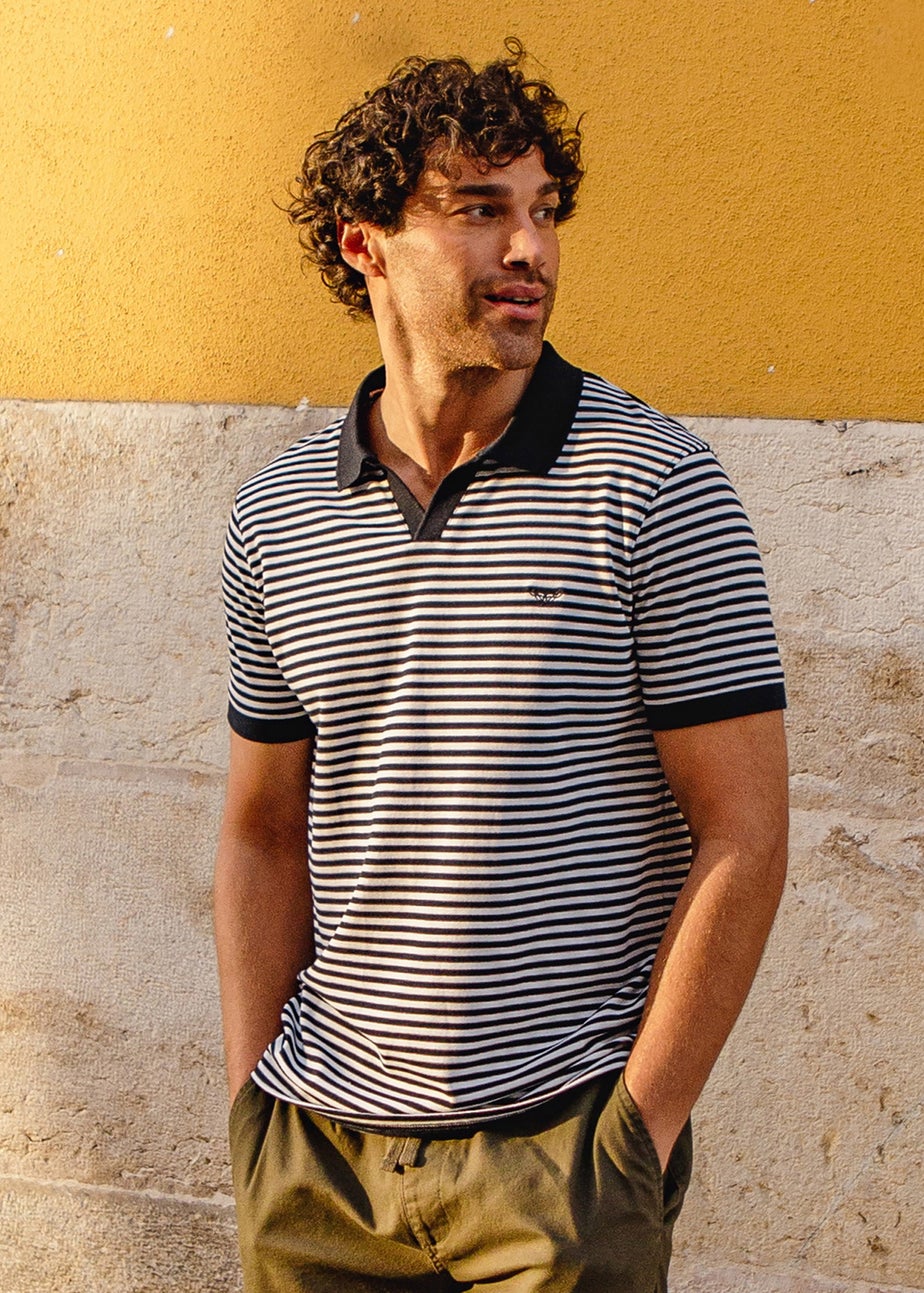 Threadbare Navy Open Collar Striped Pique Polo Shirt