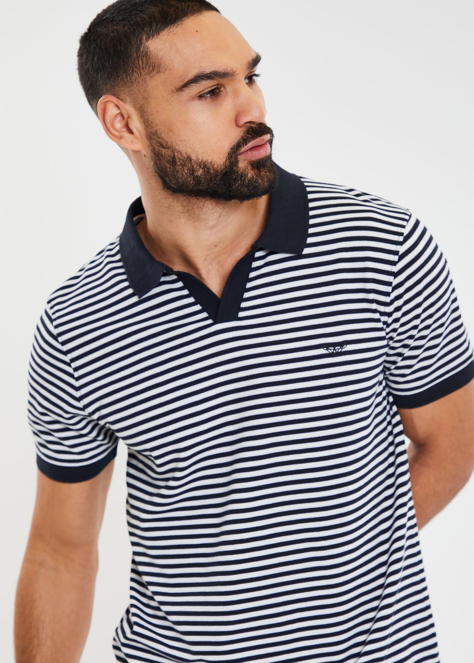 Threadbare Navy Open Collar Striped Pique Polo Shirt