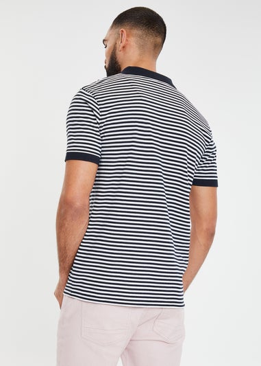 Threadbare Navy Open Collar Striped Pique Polo Shirt