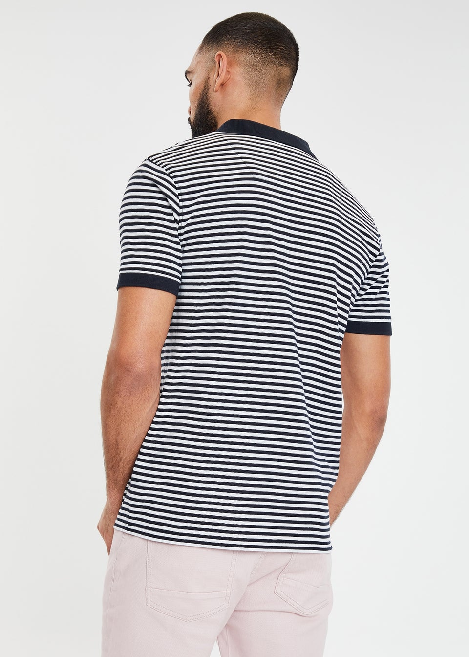 Threadbare Navy Open Collar Striped Pique Polo Shirt