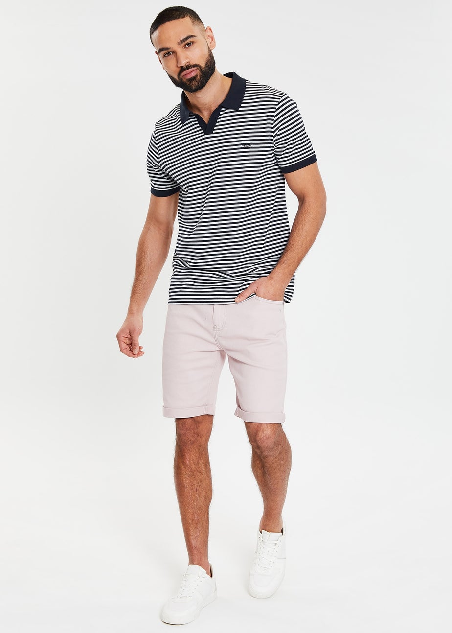 Threadbare Navy Open Collar Striped Pique Polo Shirt