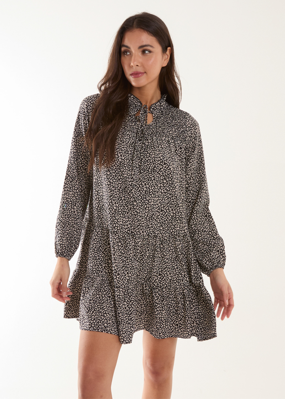 Blue Vanilla Black Shirred Cheetah Smock Dress