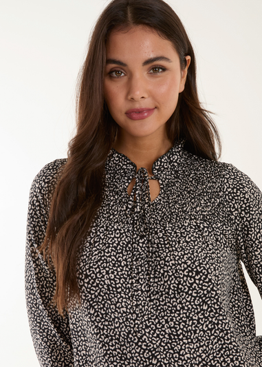 Blue Vanilla Black Shirred Cheetah Smock Dress
