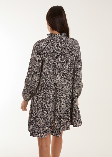 Blue Vanilla Black Shirred Cheetah Smock Dress