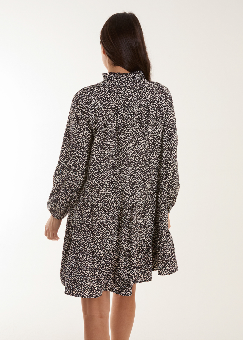 Blue Vanilla Black Shirred Cheetah Smock Dress
