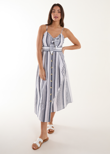 Blue Vanilla White Tie Front Button Through Midi Dress