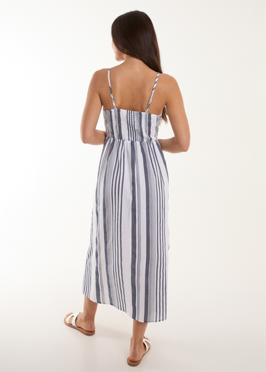 Blue Vanilla White Tie Front Button Through Midi Dress