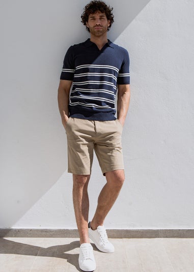 Threadbare Stone Cotton Turn-Up Chino Shorts with Woven Belt
