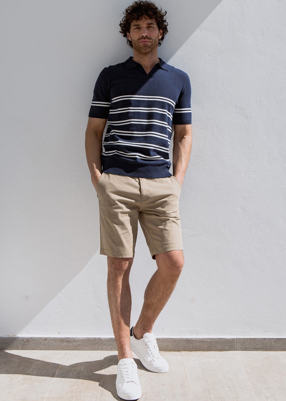 Threadbare Stone Cotton Turn-Up Chino Shorts with Woven Belt