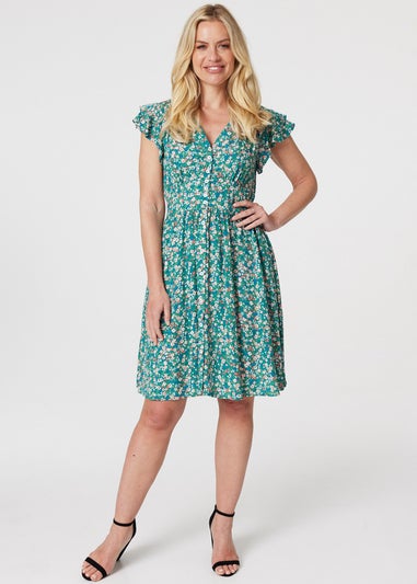 Izabel London Green Floral Ruffle Sleeve Skater Dress