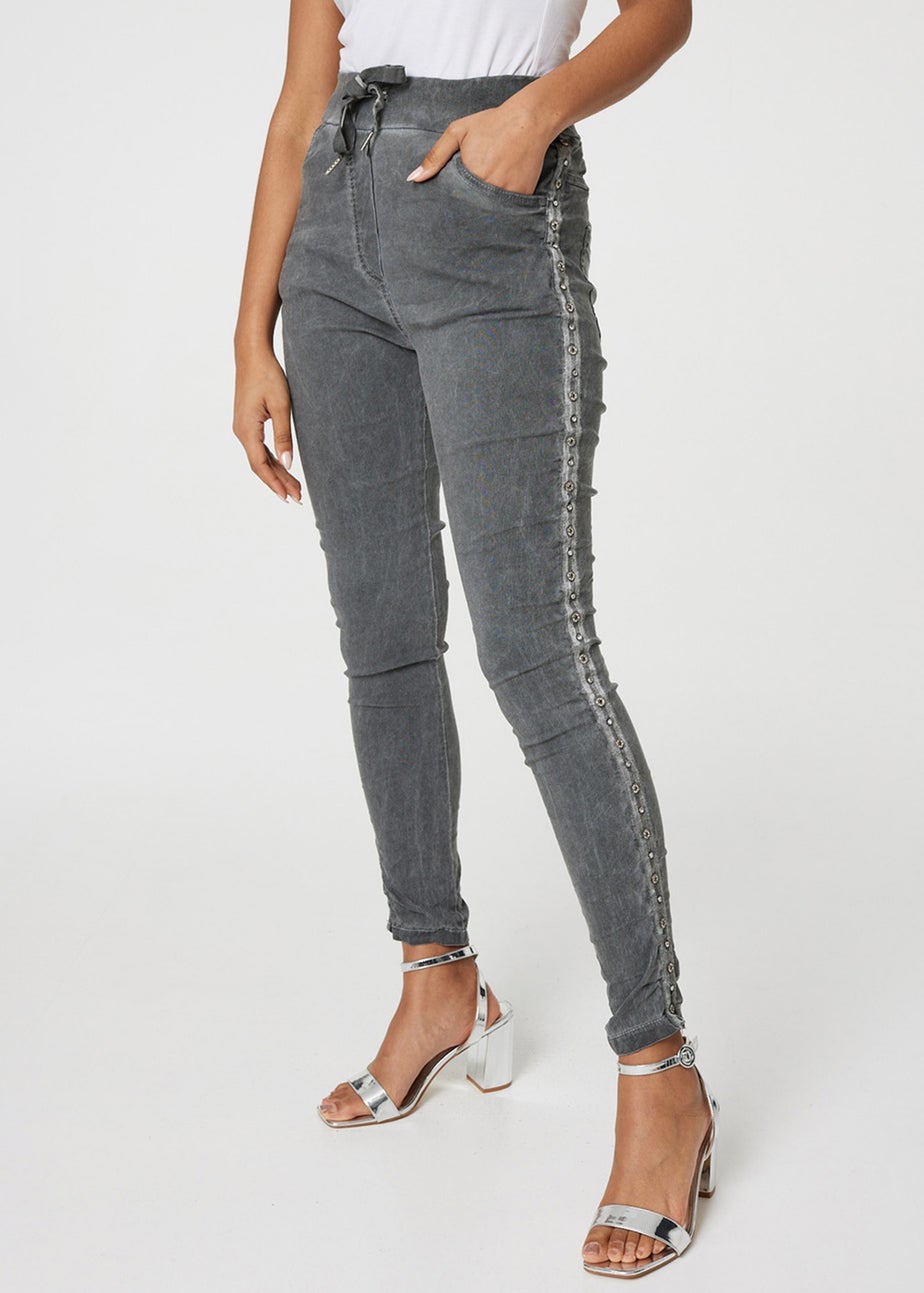 Izabel London Grey Denim Embellished Side Jeggings