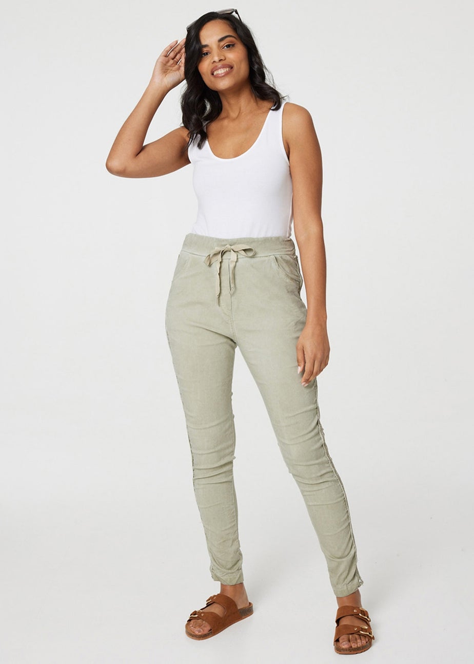 Izabel London Khaki Denim Embellished Side Jeggings