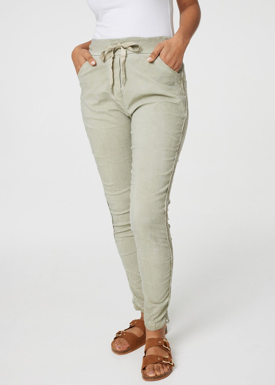 Izabel London Khaki Denim Embellished Side Jeggings