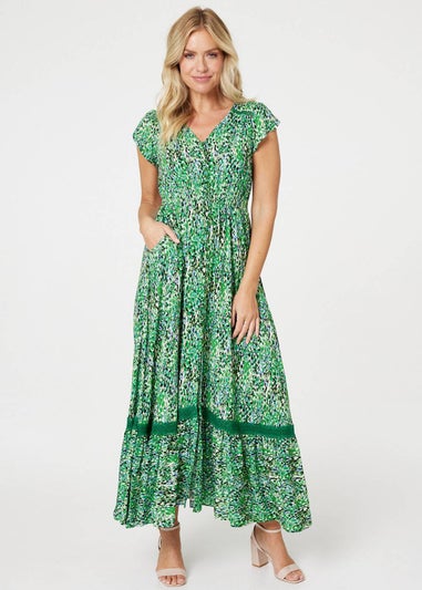 Izabel London Green Printed Lace Detail Maxi Dress