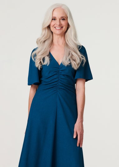 Izabel London Blue Plain Ruched Front Midi Dress