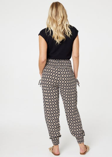 Izabel London Black Mosaic Print Shirred Harem Pants
