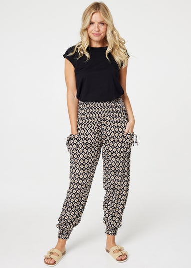 Izabel London Black Mosaic Print Shirred Harem Pants