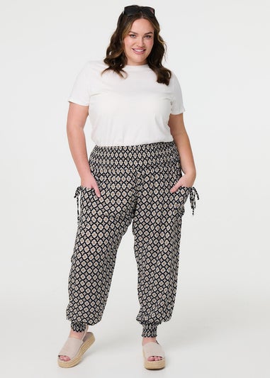 Izabel London Black Mosaic Print Shirred Harem Pants