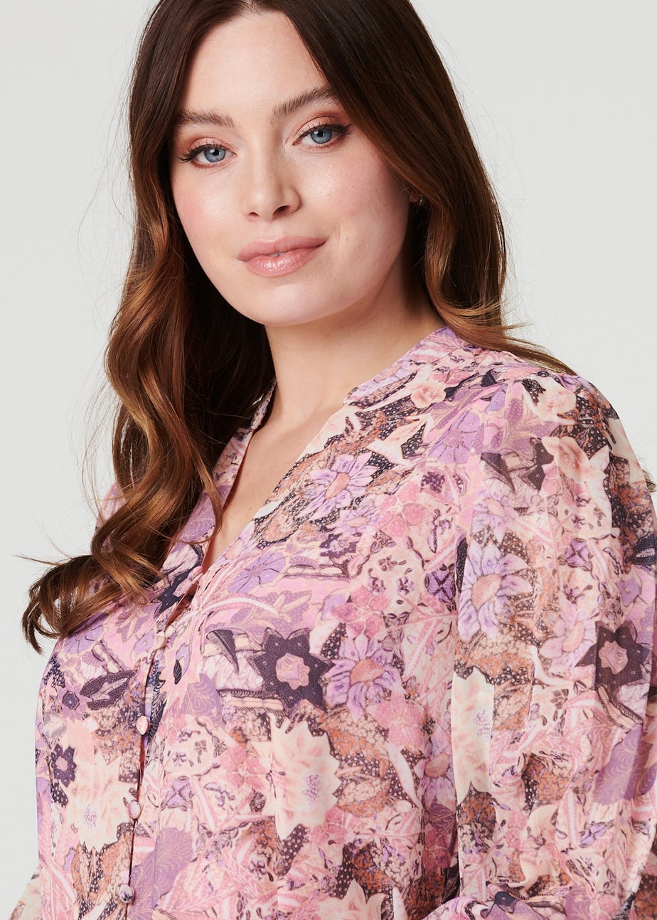 Izabel London Pink Floral Long Puff Sleeve Shirt Dress