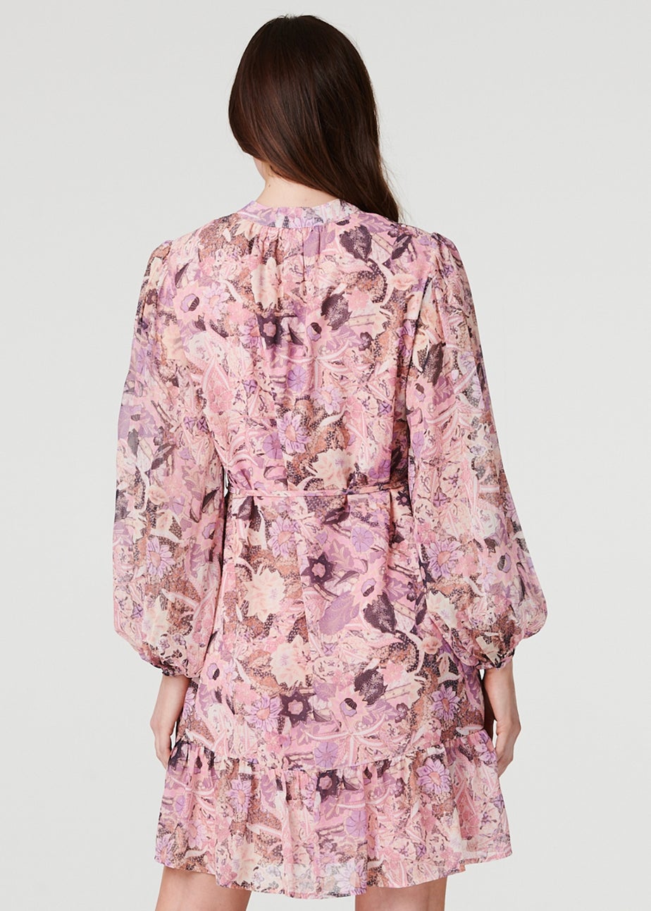 Izabel London Pink Floral Long Puff Sleeve Shirt Dress