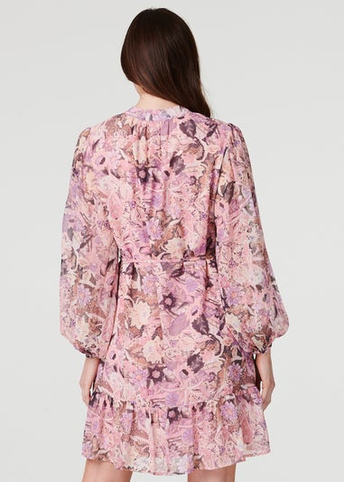 Izabel London Pink Floral Long Puff Sleeve Shirt Dress