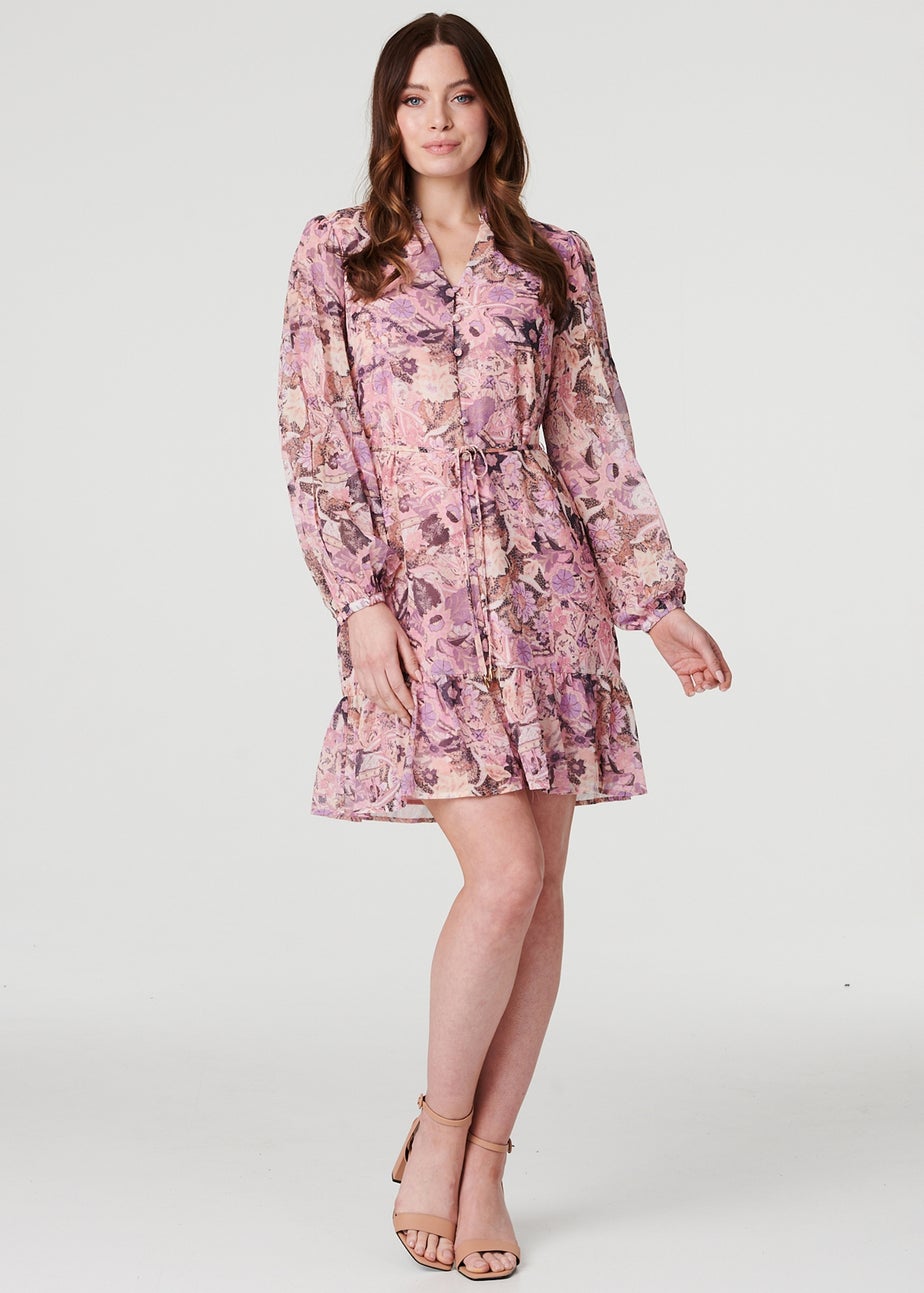 Izabel London Pink Floral Long Puff Sleeve Shirt Dress