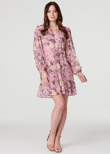 Izabel London Pink Floral Long Puff Sleeve Shirt Dress