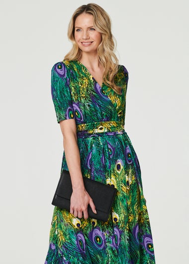 Izabel London Green Peacock Print Ruched Waist Dress