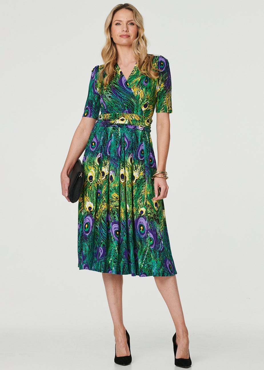 Izabel London Green Peacock Print Ruched Waist Dress