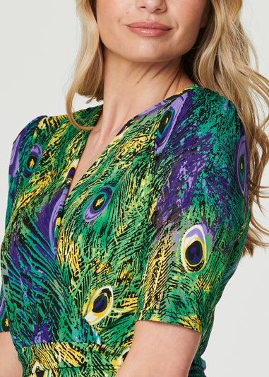 Izabel London Green Peacock Print Ruched Waist Dress