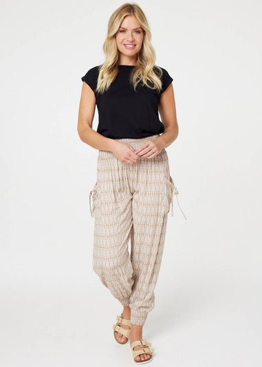 Izabel London Beige Printed Elasticated Harem Pants