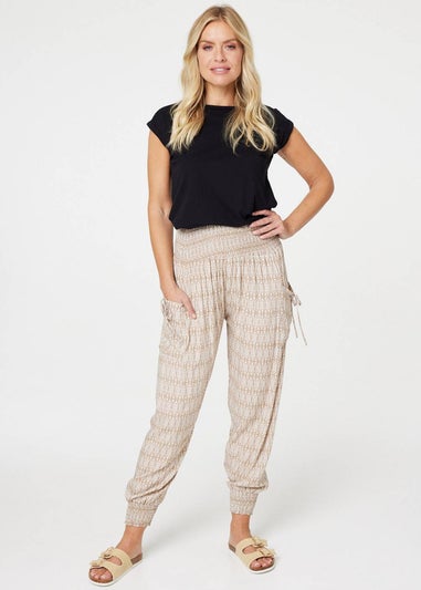 Izabel London Beige Printed Elasticated Harem Pants