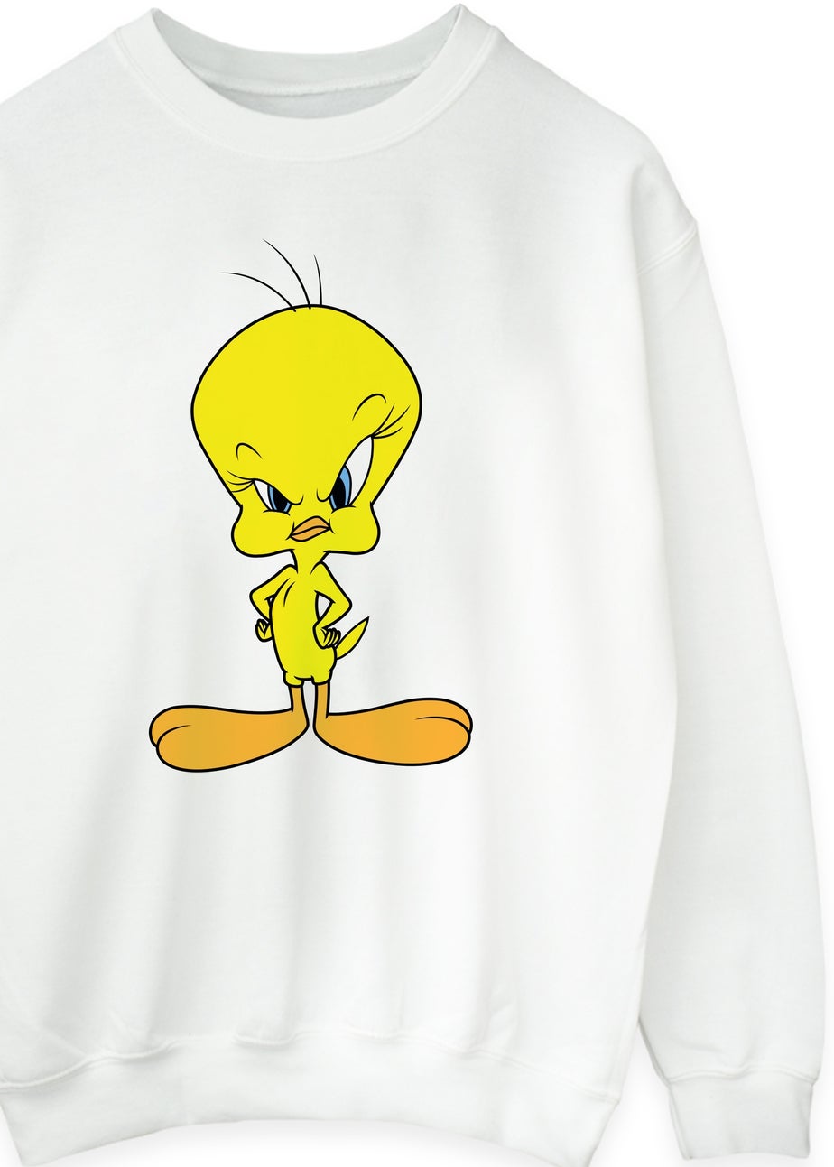 Looney Tunes Angry Tweety Women White Graphic Sweatshirt