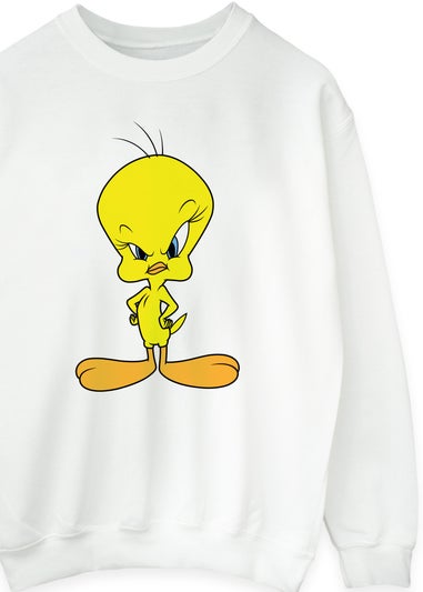 Looney Tunes Angry Tweety Women White Graphic Sweatshirt