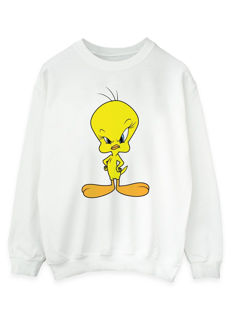 Looney Tunes Angry Tweety Women White Graphic Sweatshirt